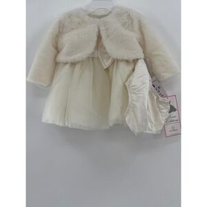 Rare Editions Baby Girls Ivory Faux Fur Bolero Dress & Diaper Cover Set 6-9M NEW